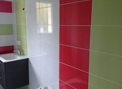 salle de bains carrelage rouge et vert
