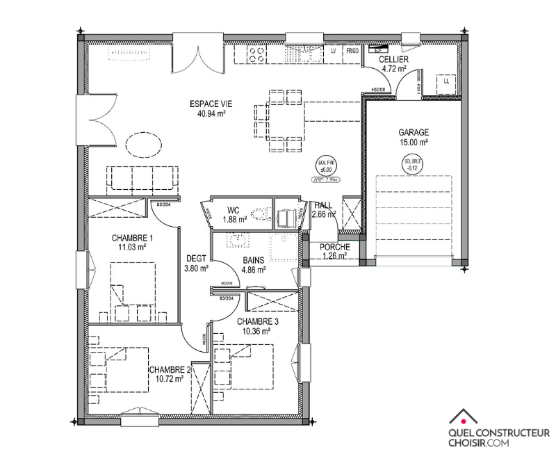 Plan de maison en L 90 m²